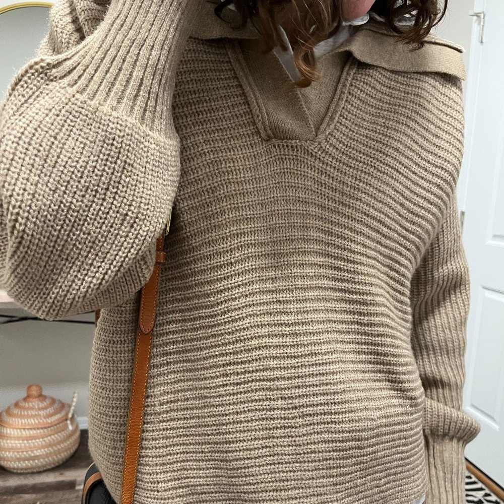 The Taupe Cropped Knit Polo Sweater / Trendy Neutral Ribbed Pull Over